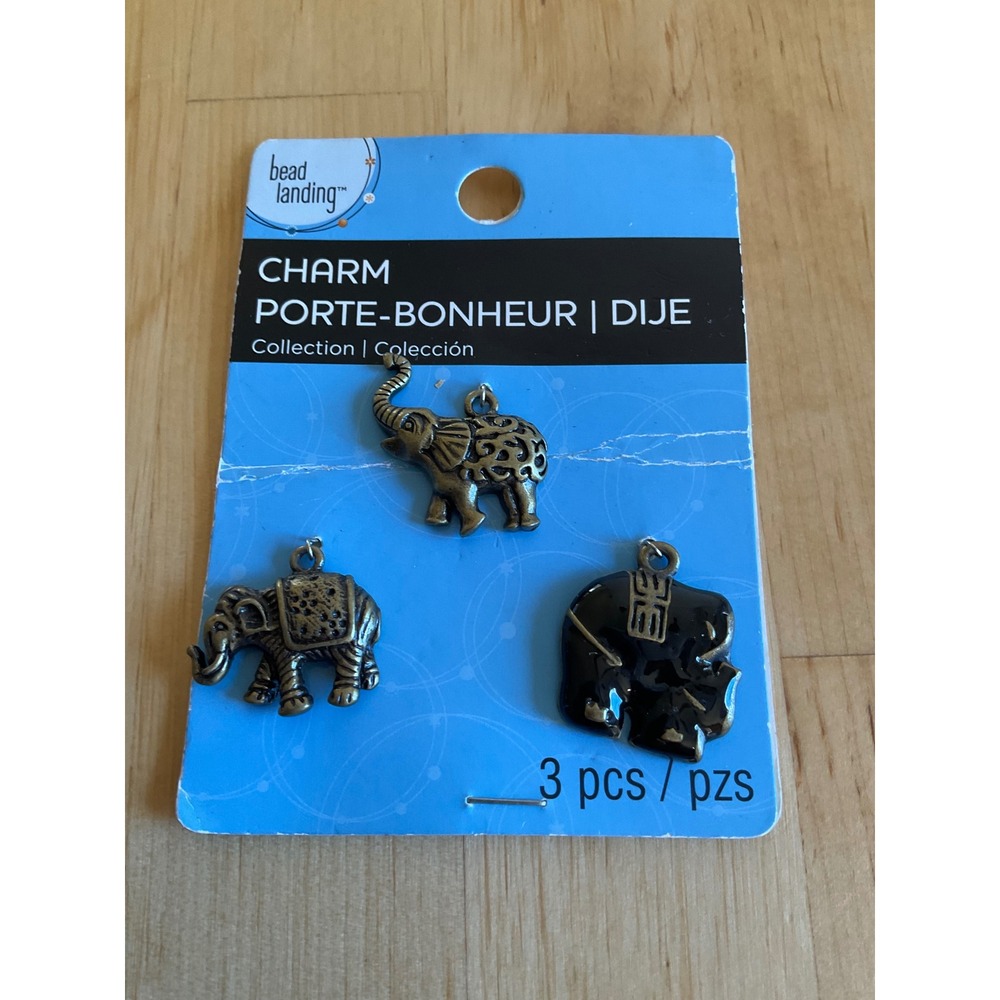 Bead Landing Elephant Charms 3pc‎ Set Antique Bronze Black Enamel Porte-Bonheur